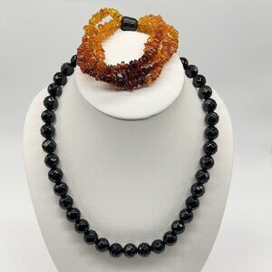 Jay King Bracelet Necklace Set Black Agate Ombre Baltic Amber 4 Strand Faceted